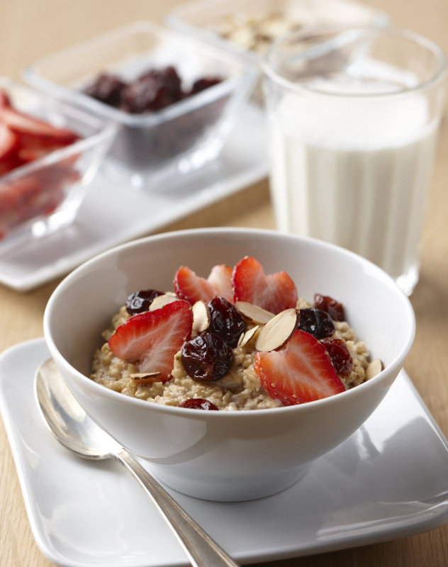 Hearty Oatmeal with Strawberries, Dried Cherries and Almonds
